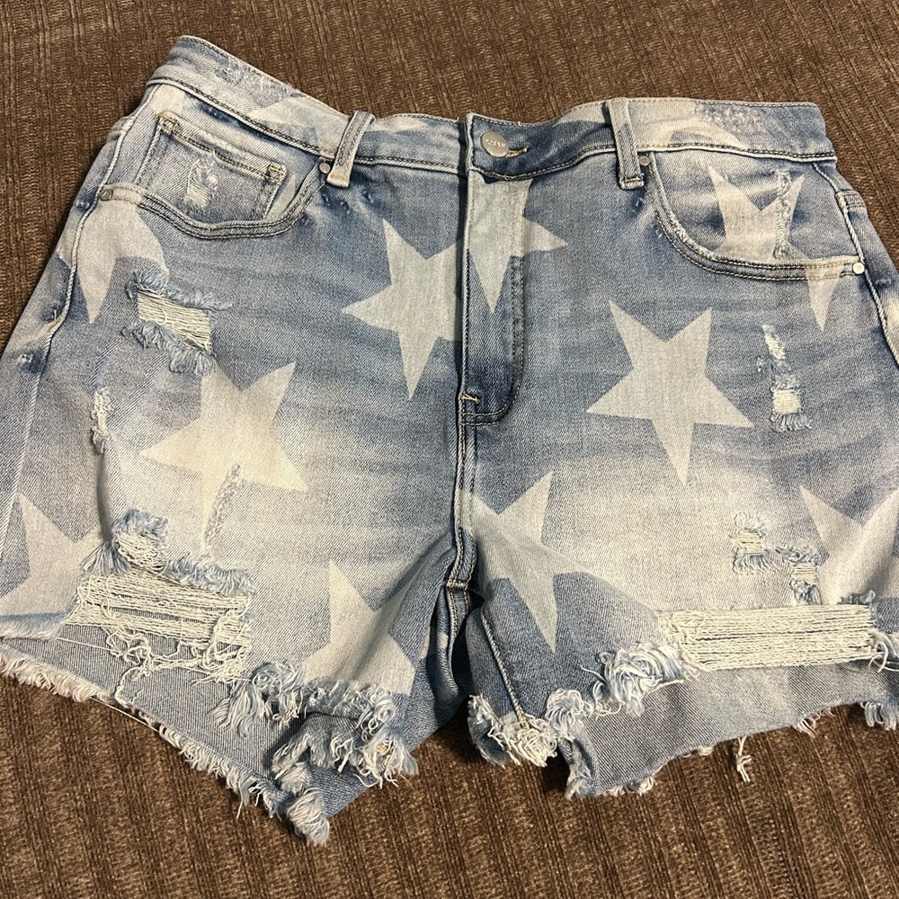 Blue and White Star Jean Shorts with Distressed Hem